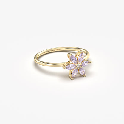 14K Gold Flower Lavender and Diamond Ring - 8S132LAV