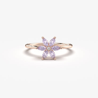 14K Gold Flower Lavender and Diamond Ring - 8S132LAV