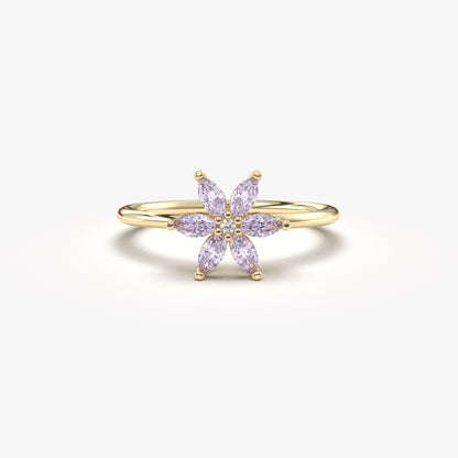 14K Gold Flower Lavender and Diamond Ring - 8S132LAV