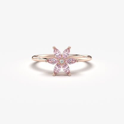 14K Gold Pink Topaz Flower Marquise and Diamond Ring - 8S132PNK