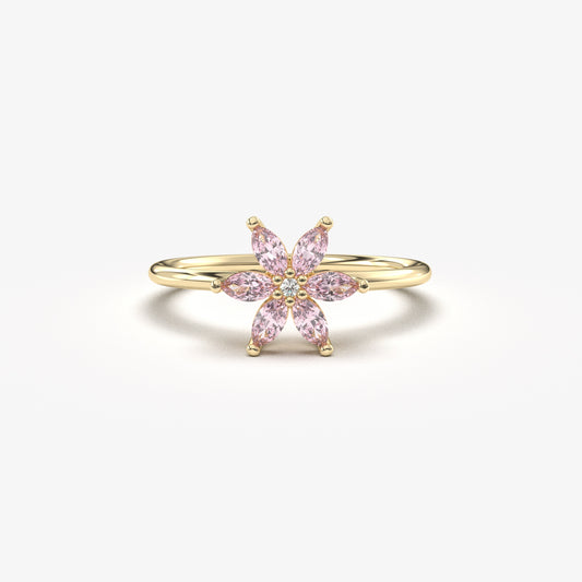 10K Gold Pink Topaz Flower Marquise and Diamond Ring - 8S132PNK