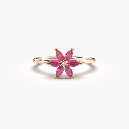 10K Gold Floral Ruby Marquise and Diamond Ring - 8S132RBY