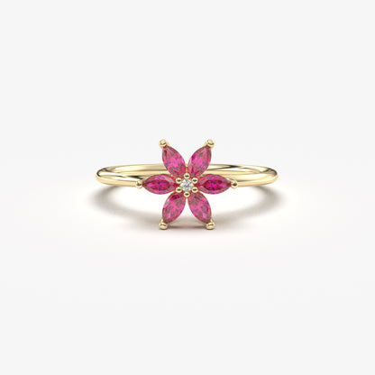 10K Gold Floral Ruby Marquise and Diamond Ring - 8S132RBY
