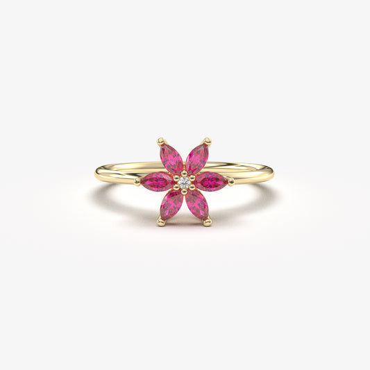 10K Gold Floral Ruby Marquise and Diamond Ring - 8S132RBY