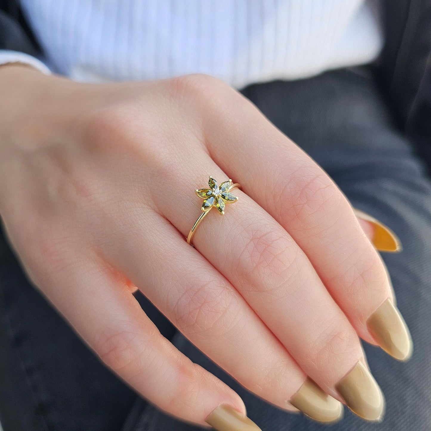 14K Gold Peridot Marquise and Diamond Ring - 8S132PER