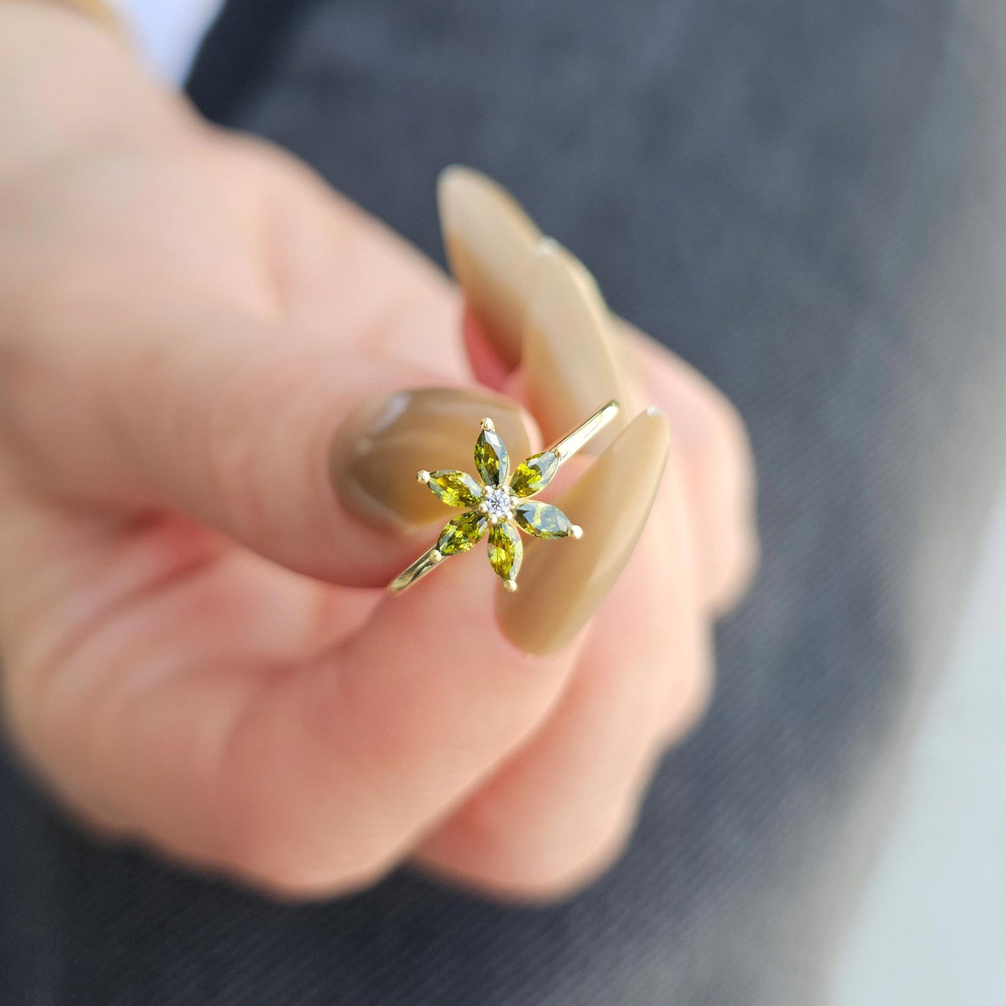 14K Gold Peridot Marquise and Diamond Ring - 8S132PER