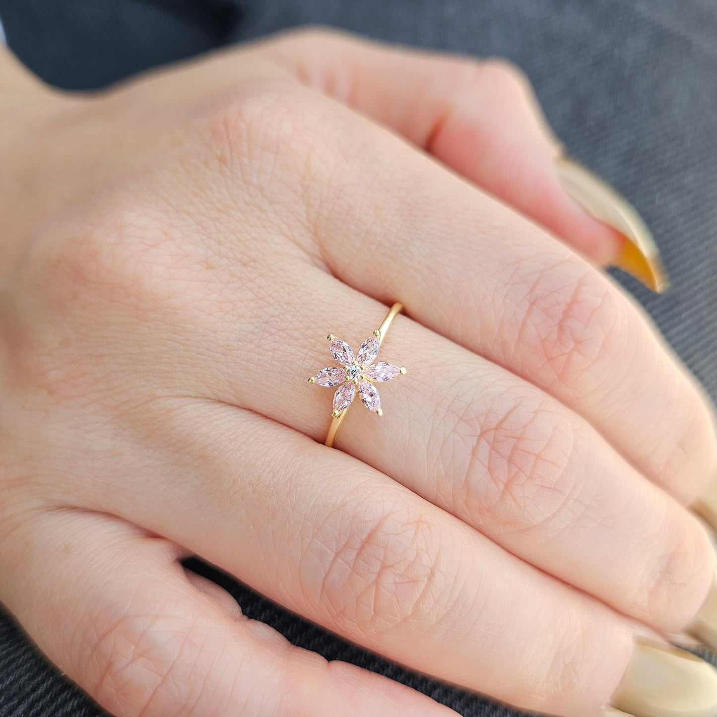 14K Gold Pink Topaz Flower Marquise and Diamond Ring - 8S132PNK