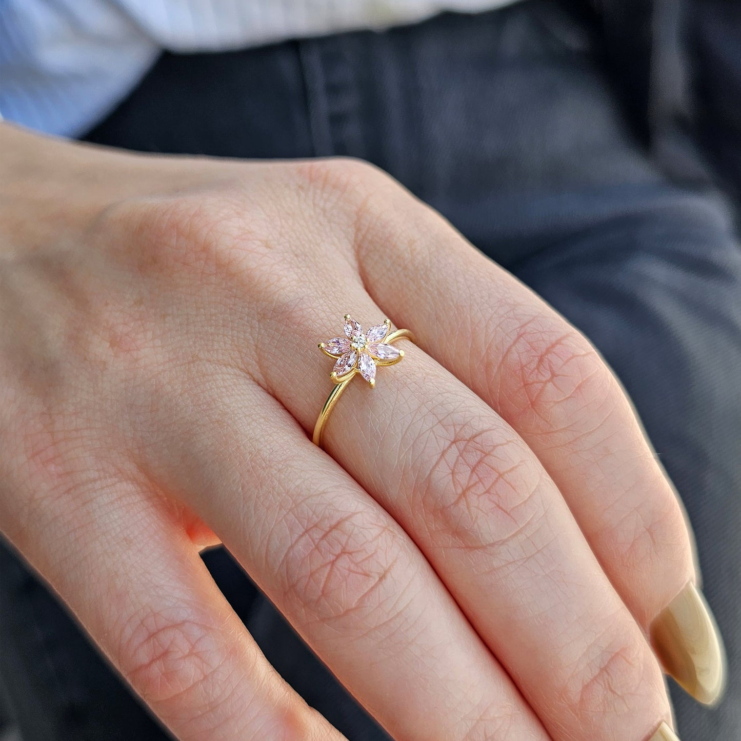 14K Gold Pink Topaz Flower Marquise and Diamond Ring - 8S132PNK