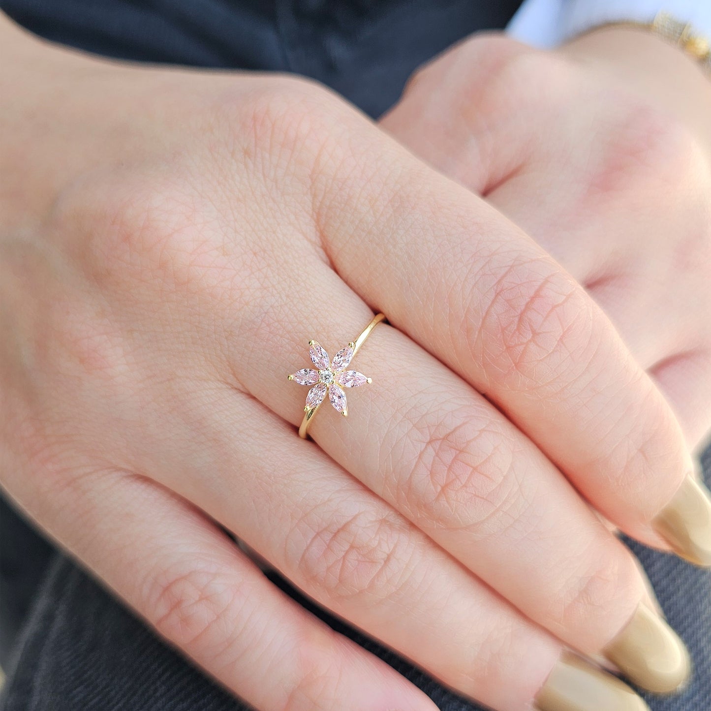 14K Gold Pink Topaz Flower Marquise and Diamond Ring - 8S132PNK