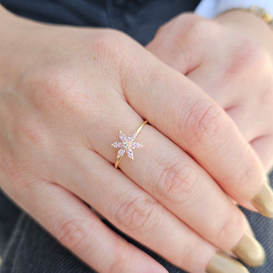 10K Gold Pink Topaz Flower Marquise and Diamond Ring - 8S132PNK