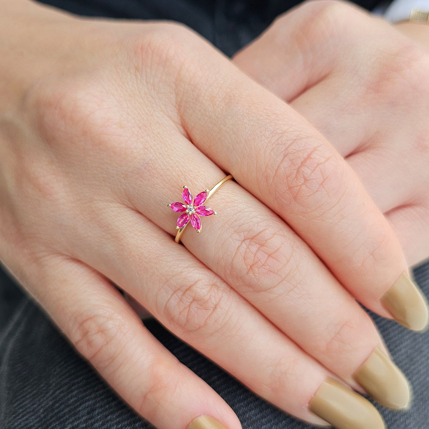 10K Gold Floral Ruby Marquise and Diamond Ring - 8S132RBY