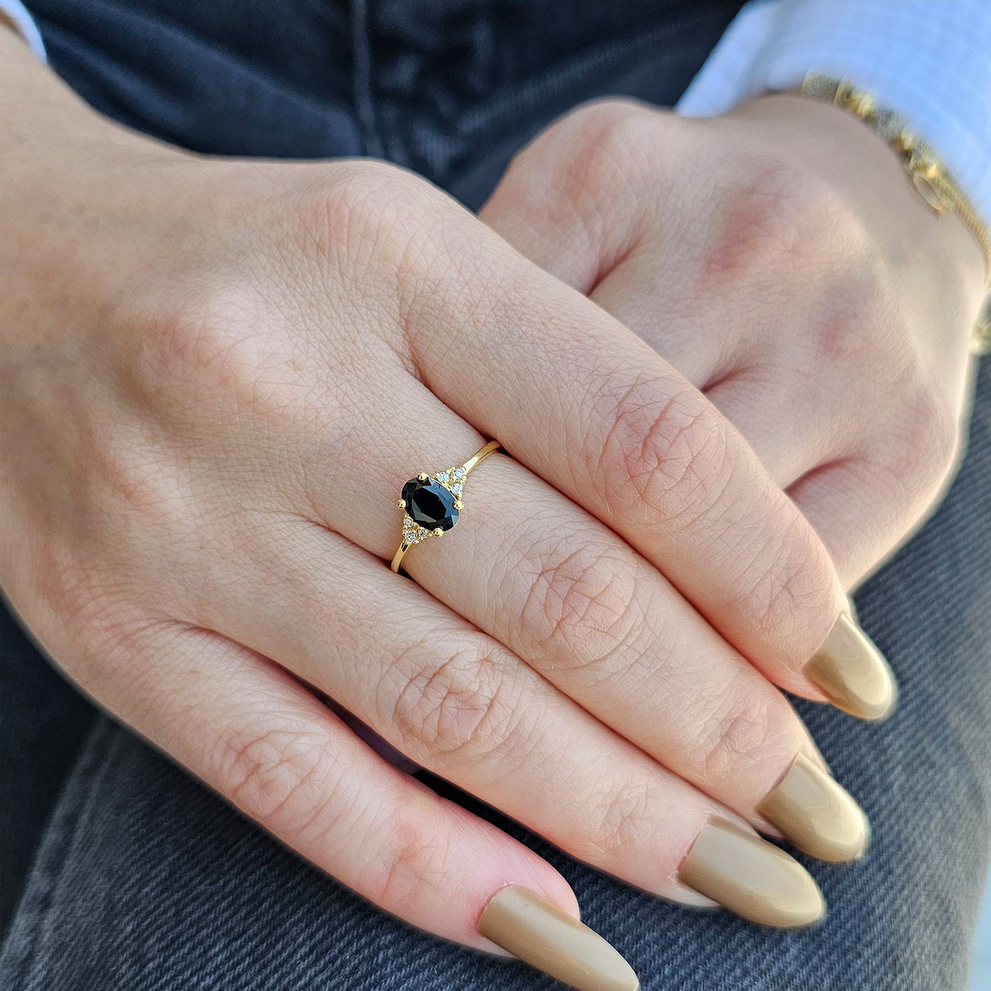 14K Gold Unique Black Onyx Oval and Diamond Ring - 8S268BLK
