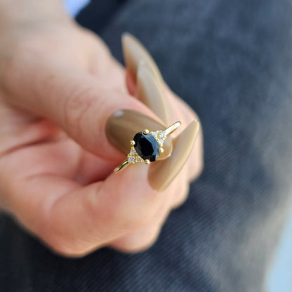 14K Gold Unique Black Onyx Oval and Diamond Ring - 8S268BLK