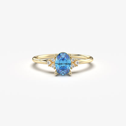 10K Gold Sky Blue Solitaire Oval and Diamond Ring - 8S268SKY