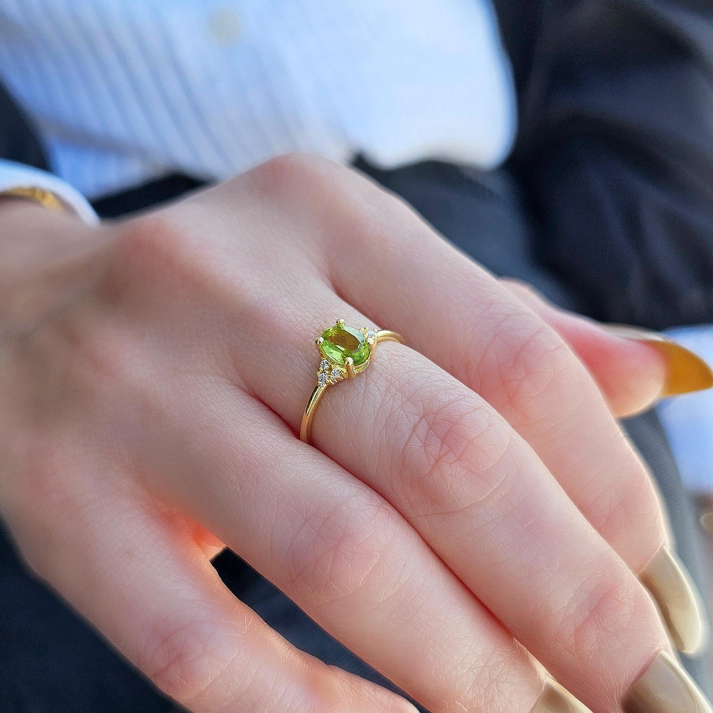 14K Gold Oval Natural Peridot and Cz Ring - 8S268NATPER