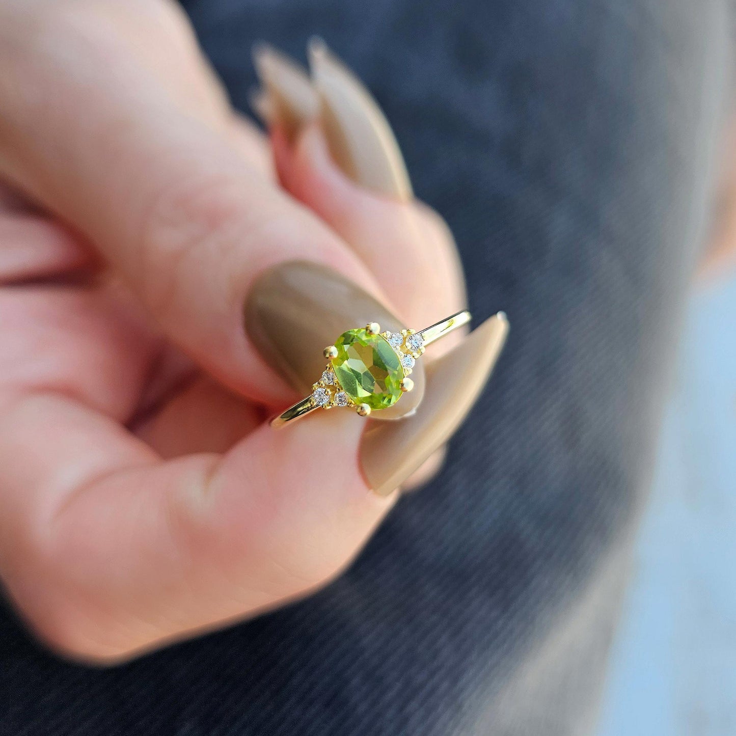 14K Gold Oval Natural Peridot and Cz Ring - 8S268NATPER