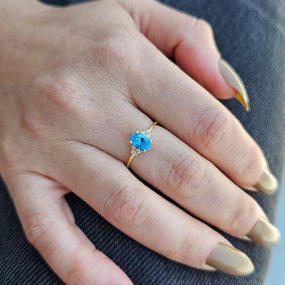 10K Gold Sky Blue Solitaire Oval and Diamond Ring - 8S268SKY