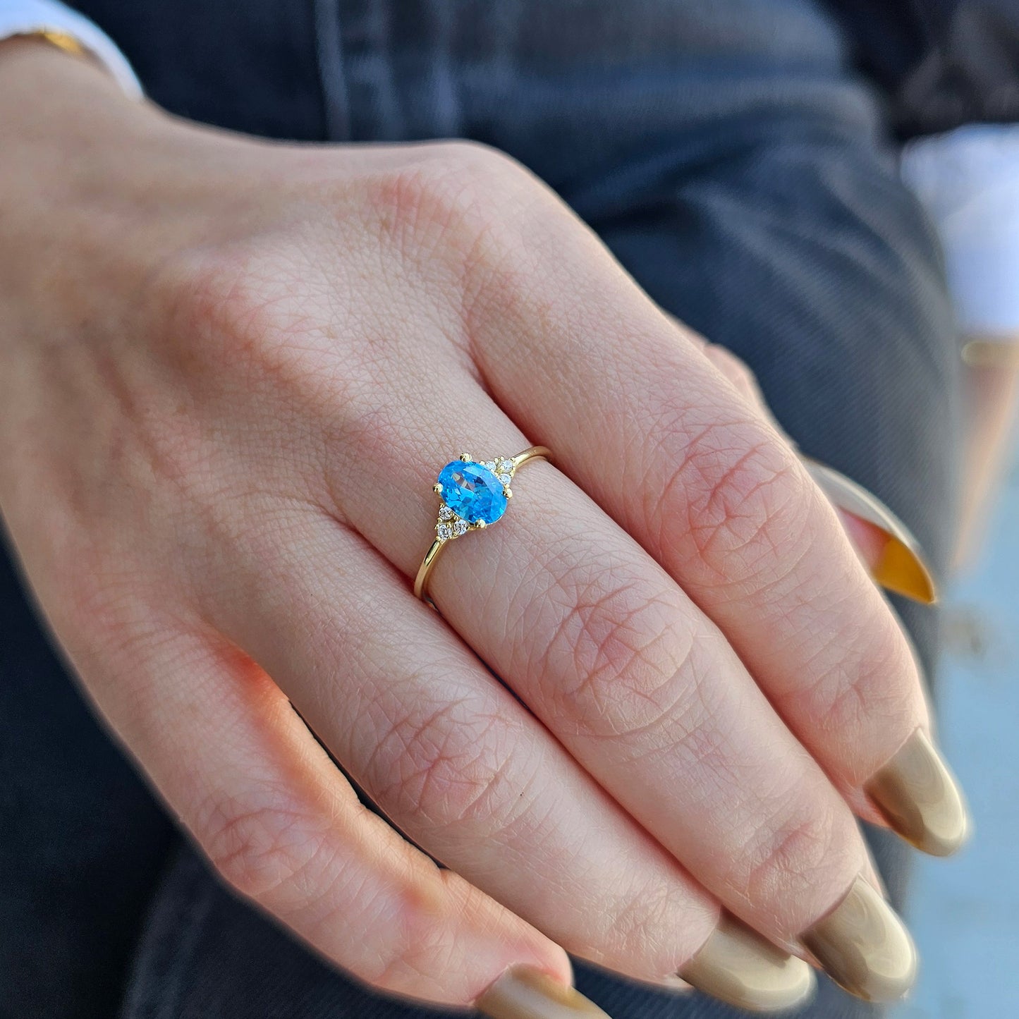 10K Gold Sky Blue Solitaire Oval and Diamond Ring - 8S268SKY