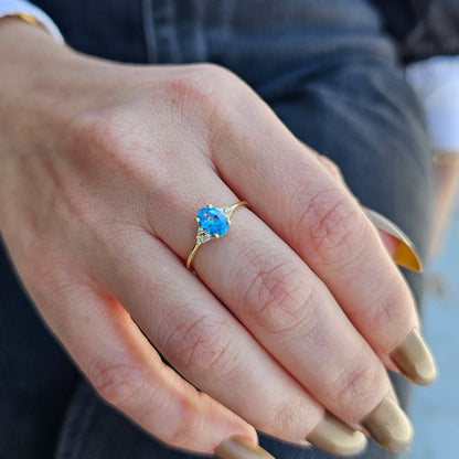 10K Gold Sky Blue Solitaire Oval and Diamond Ring - 8S268SKY
