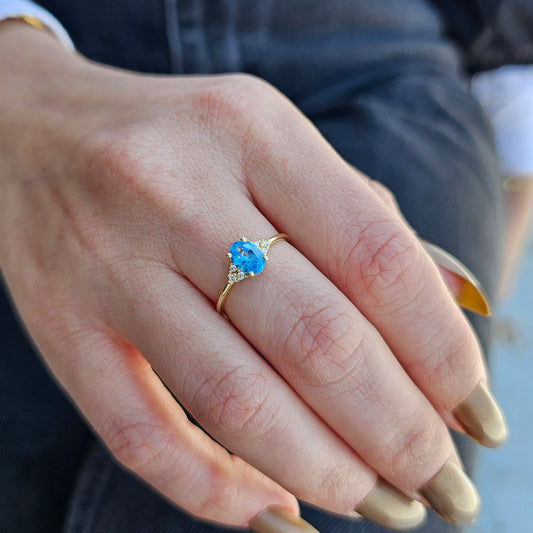 10K Gold Sky Blue Solitaire Oval and Diamond Ring - 8S268SKY
