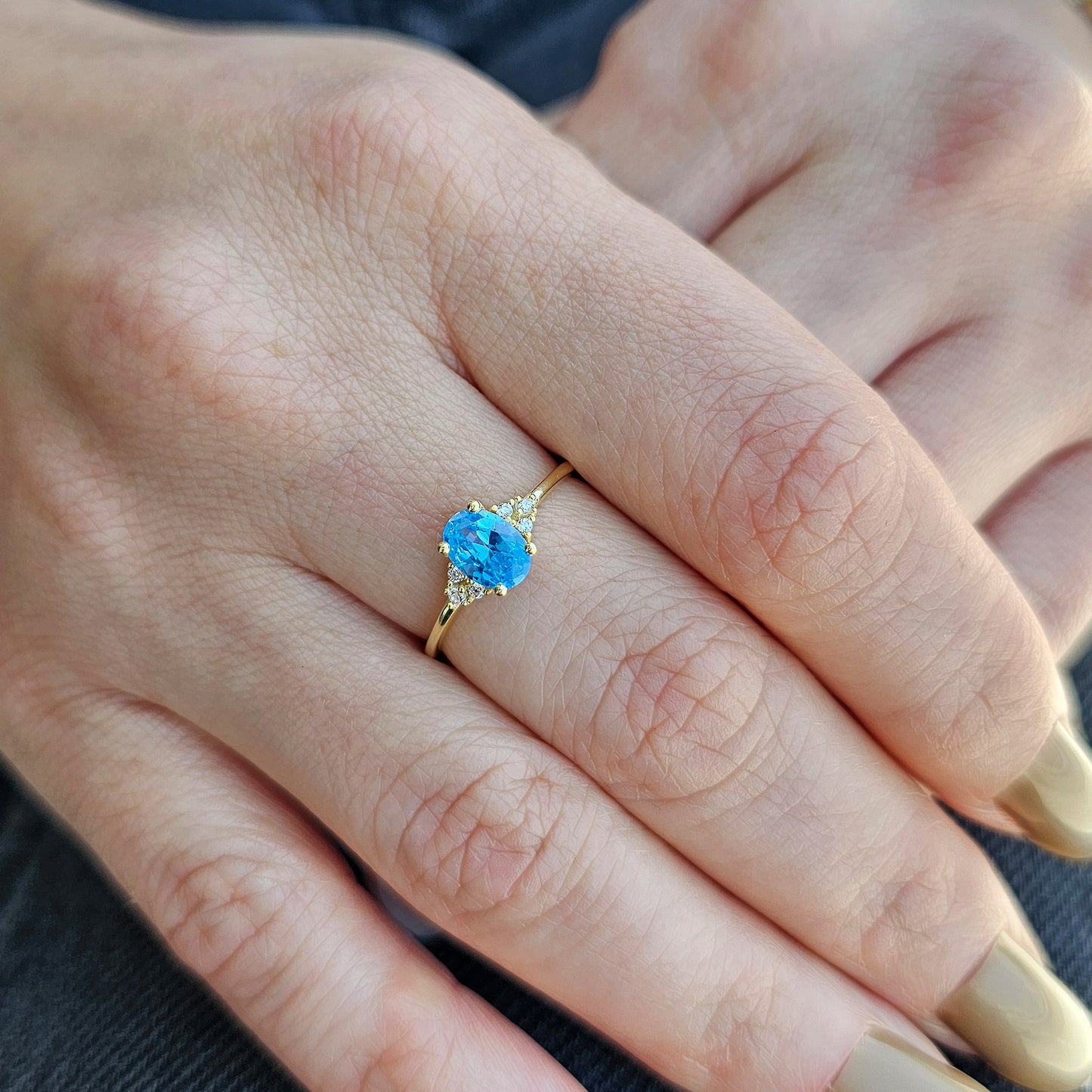 10K Gold Sky Blue Solitaire Oval and Diamond Ring - 8S268SKY