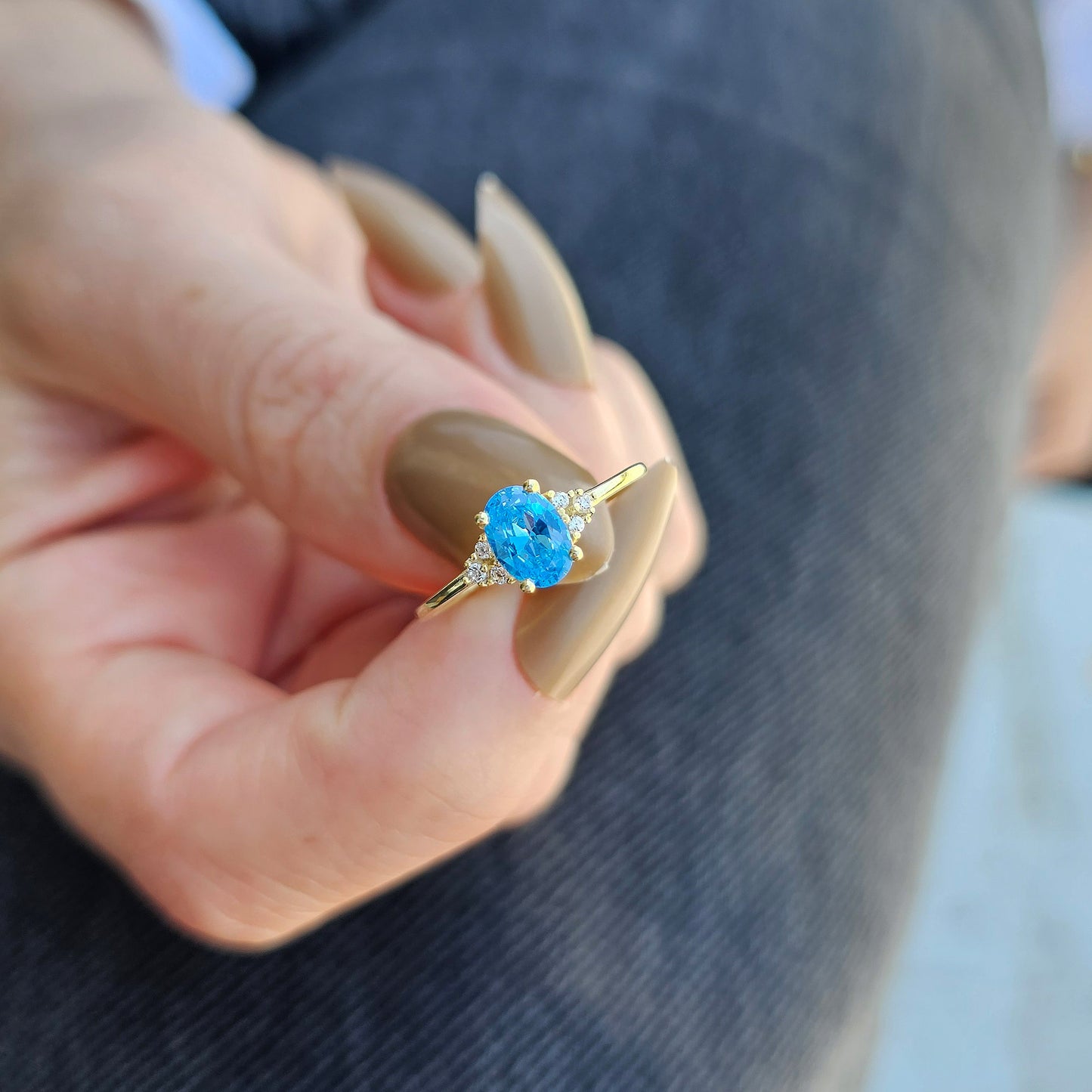 10K Gold Sky Blue Solitaire Oval and Diamond Ring - 8S268SKY