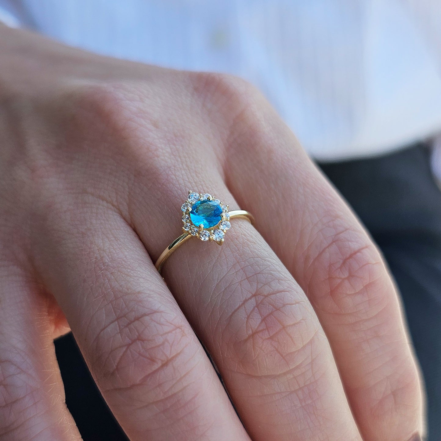 14K Gold Solitaire Blue Topaz Diamond Ring  - 8S62BTOP
