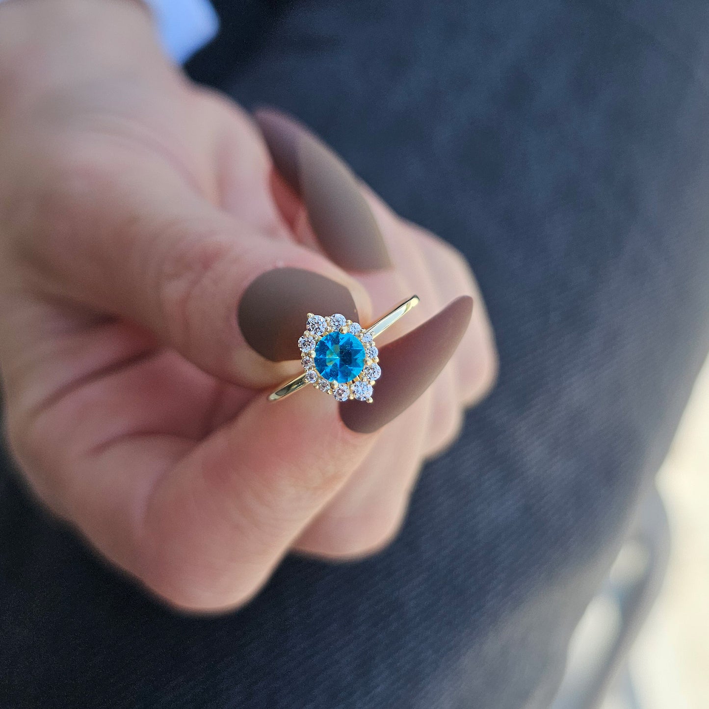 14K Gold Solitaire Blue Topaz Diamond Ring  - 8S62BTOP