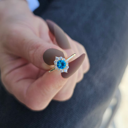 14K Gold Solitaire Blue Topaz Diamond Ring  - 8S62BTOP