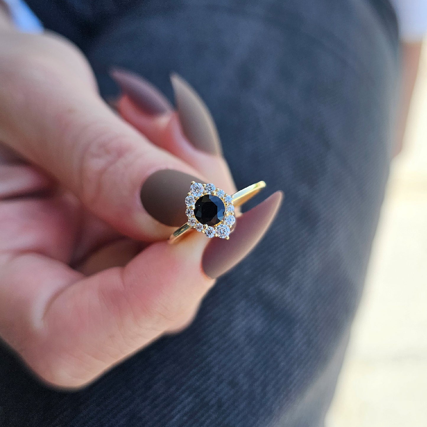 14K Gold Halo Black Onyx Diamond Ring  - 8S62BLK