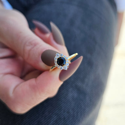 14K Gold Halo Black Onyx Diamond Ring  - 8S62BLK