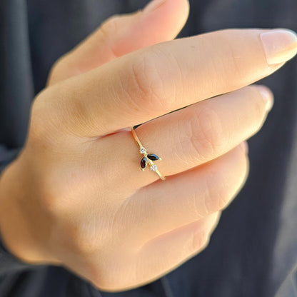 10K Gold Unique Black Onyx Marquise and Cz Ring - 8S8BLK