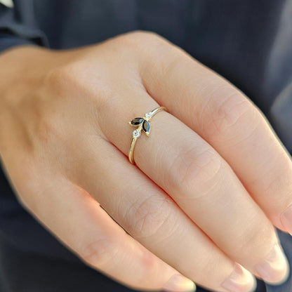 10K Gold Unique Black Onyx Marquise and Cz Ring - 8S8BLK