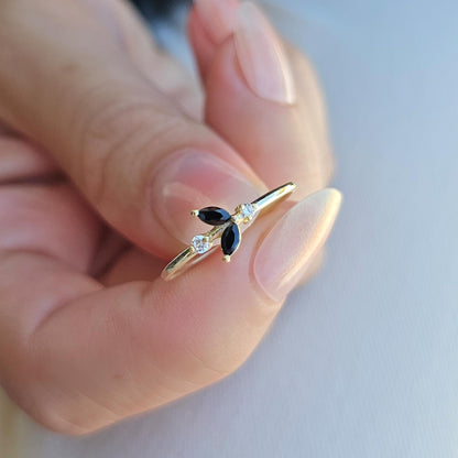 10K Gold Unique Black Onyx Marquise and Cz Ring - 8S8BLK