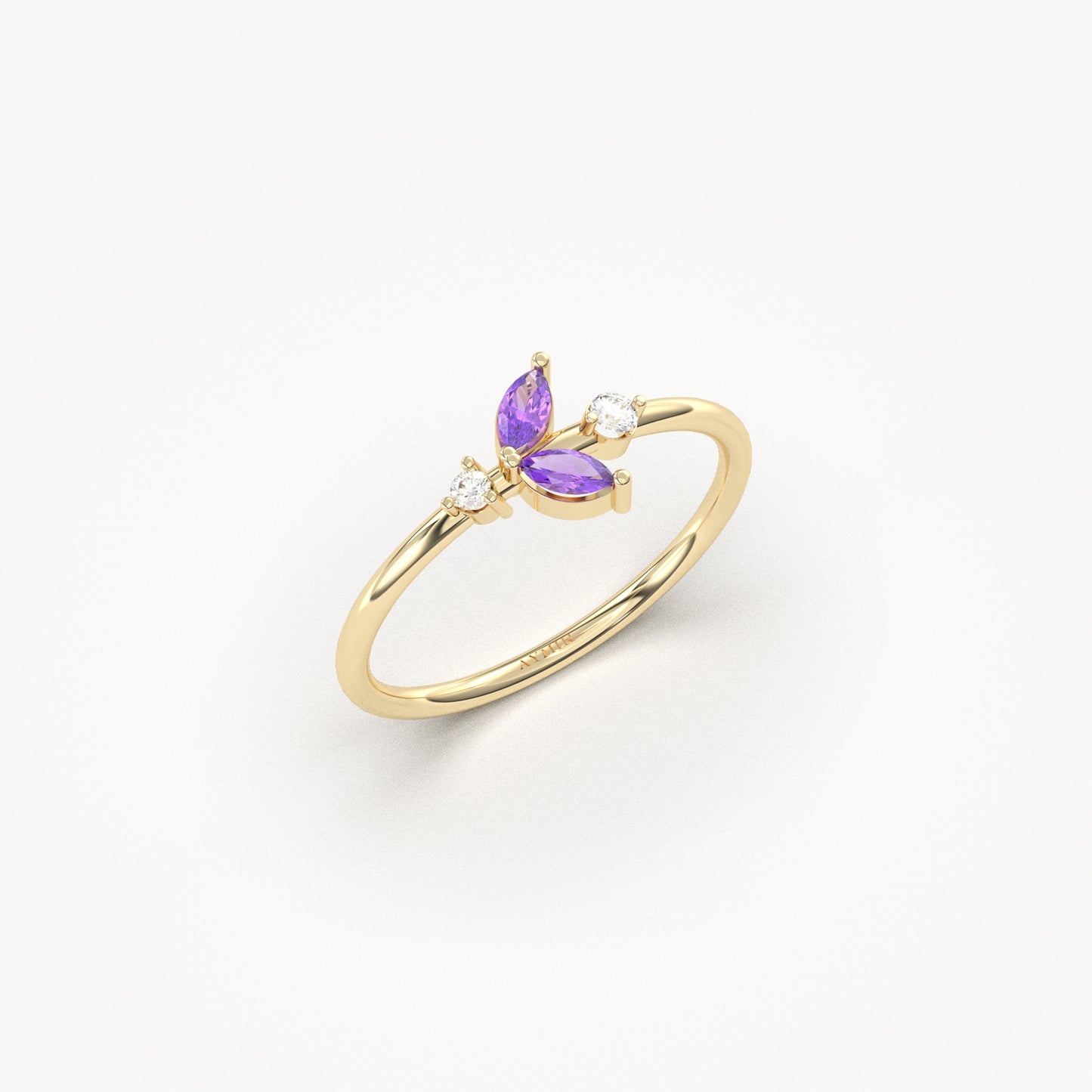 14K Gold Dainty Marquise Amethyst and Diamond Ring - 8S8AME