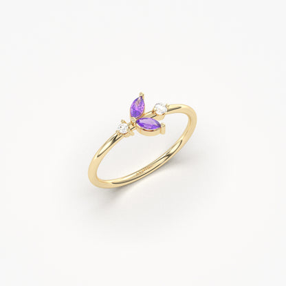 14K Gold Dainty Marquise Amethyst and Diamond Ring - 8S8AME