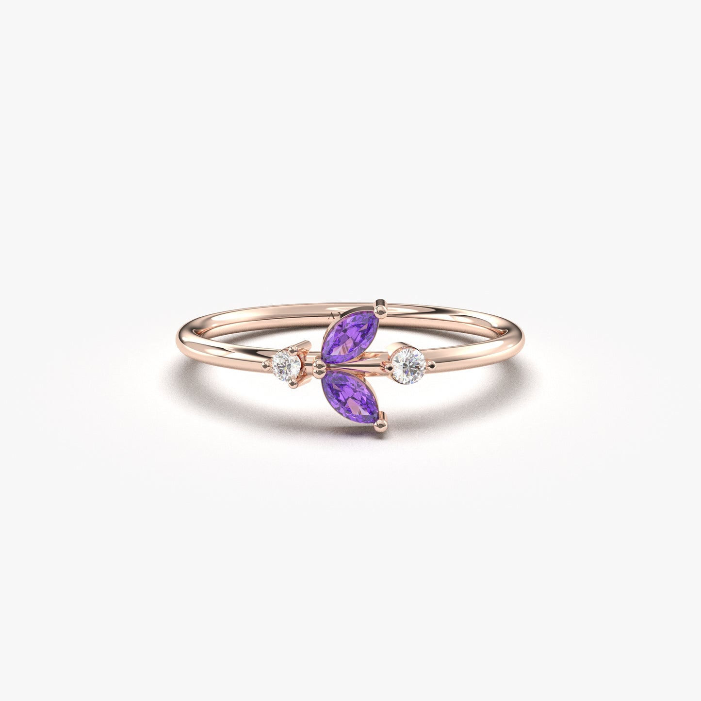 14K Gold Dainty Marquise Amethyst and Diamond Ring - 8S8AME