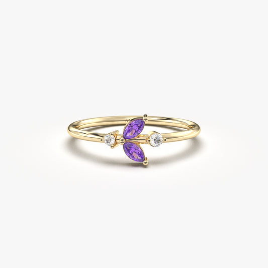 14K Gold Dainty Marquise Amethyst and Diamond Ring - 8S8AME