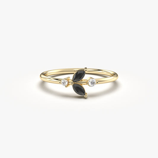 10K Gold Unique Black Onyx Marquise and Cz Ring - 8S8BLK