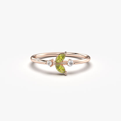 14K Gold Dainty Marquise Peridot and Diamond Ring - 8S8PER