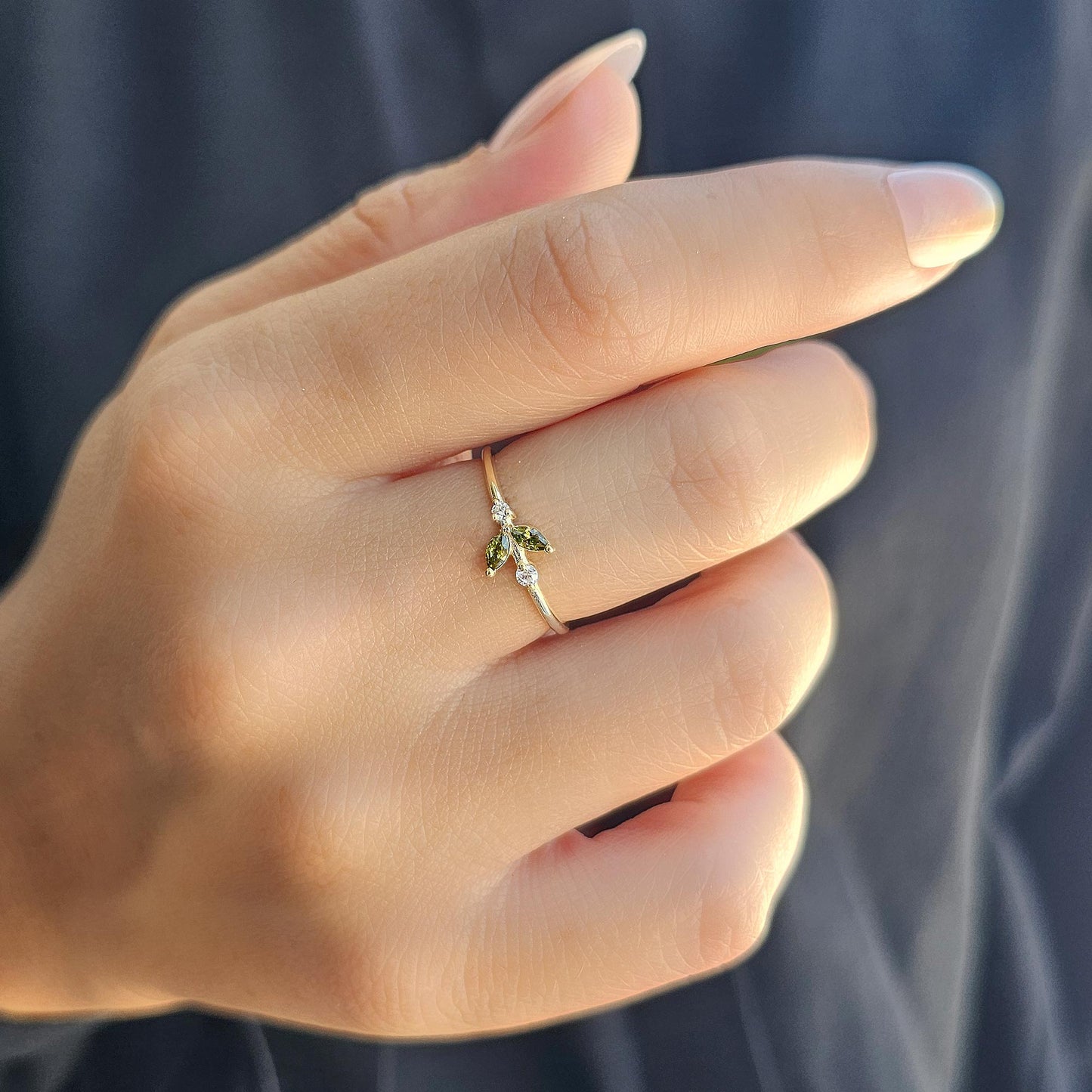 14K Gold Dainty Marquise Peridot and Diamond Ring - 8S8PER