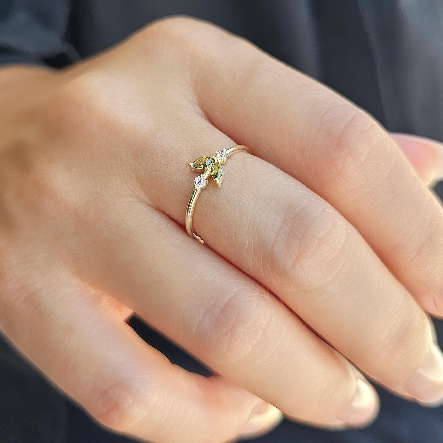 14K Gold Dainty Marquise Peridot and Diamond Ring - 8S8PER