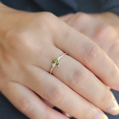 14K Gold Dainty Marquise Peridot and Diamond Ring - 8S8PER