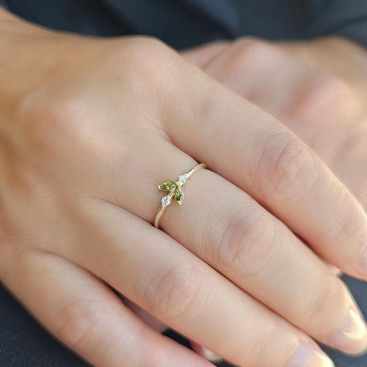 10K Gold Dainty Marquise Peridot and Diamond Ring - 8S8PER