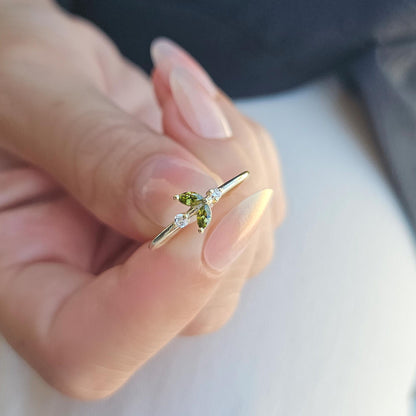 14K Gold Dainty Marquise Peridot and Diamond Ring - 8S8PER