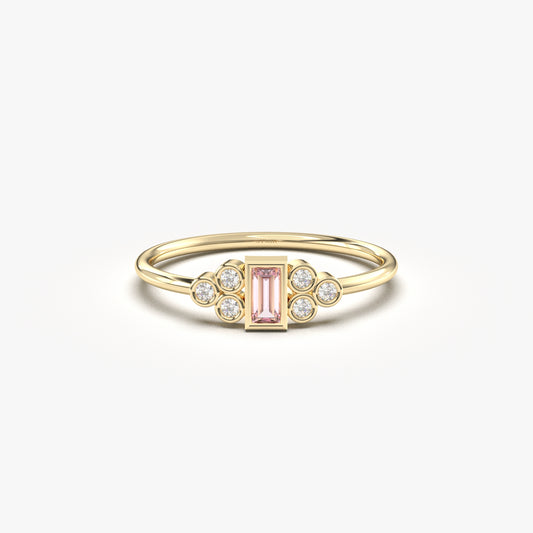 18K Gold Baguette Minimalist Pink and Cz Ring - 8S81PNK