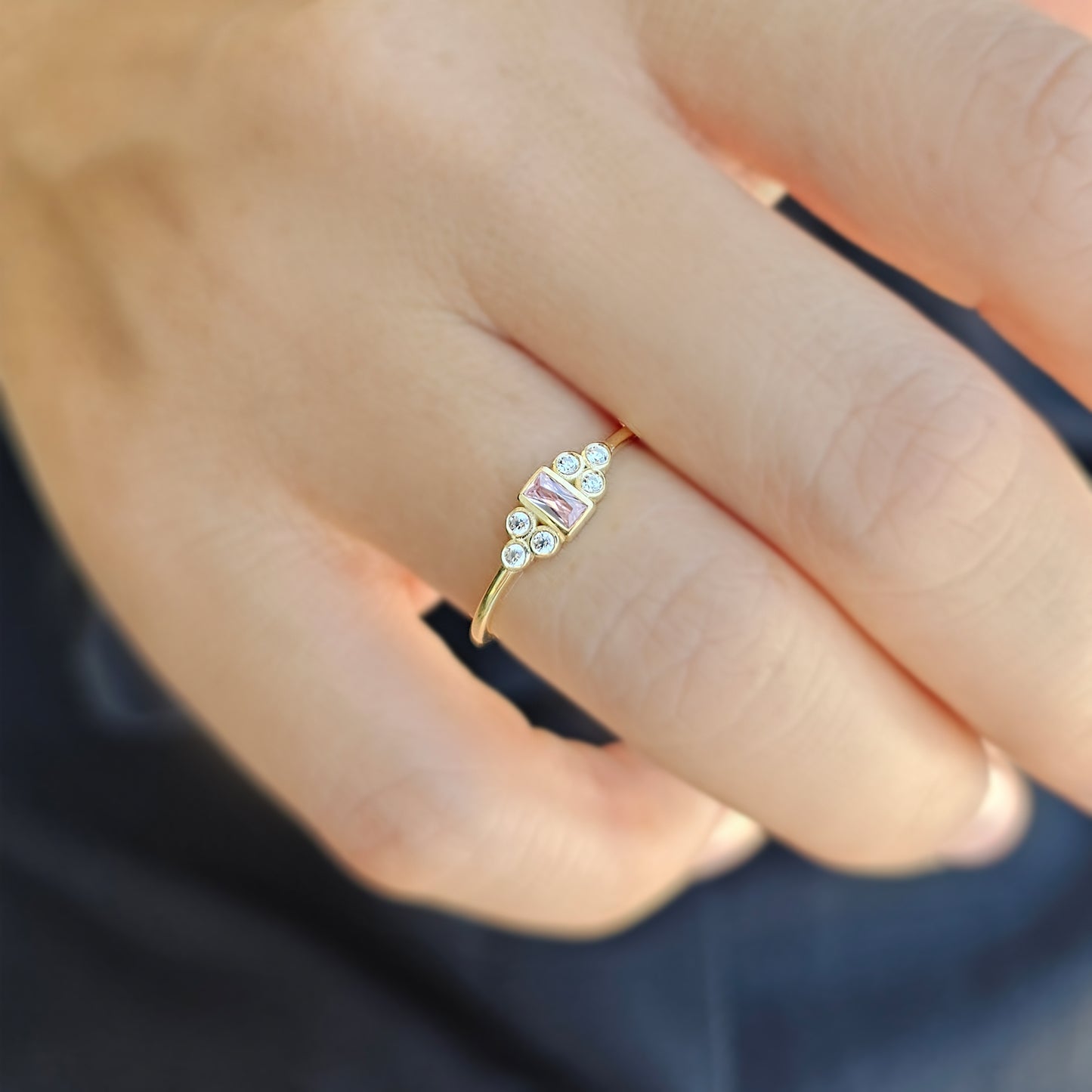 10K Gold Baguette Minimalist Pink and Diamond Ring - 8S81PNK