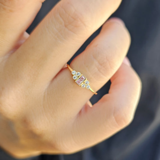18K Gold Baguette Minimalist Pink and Diamond Ring - 8S81PNK
