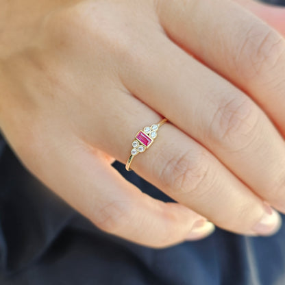 14K Gold Dainty Baguette Ruby and Diamond Ring - 8S81RBY