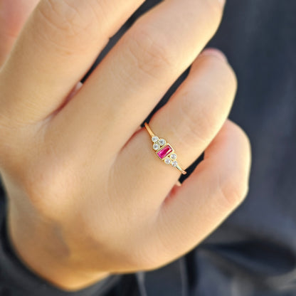 14K Gold Dainty Baguette Ruby and Diamond Ring - 8S81RBY